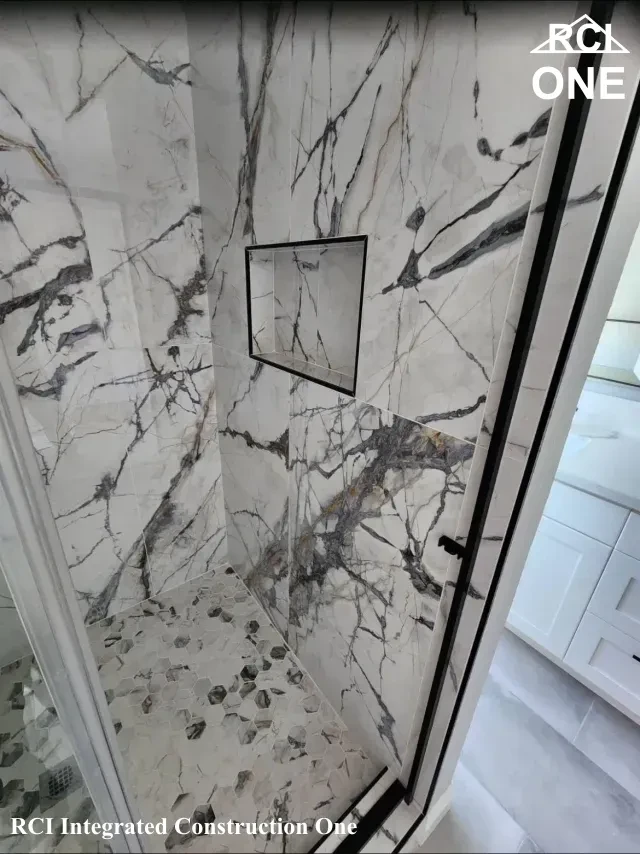 Elegant Marble Tiled Shower by Cabinet