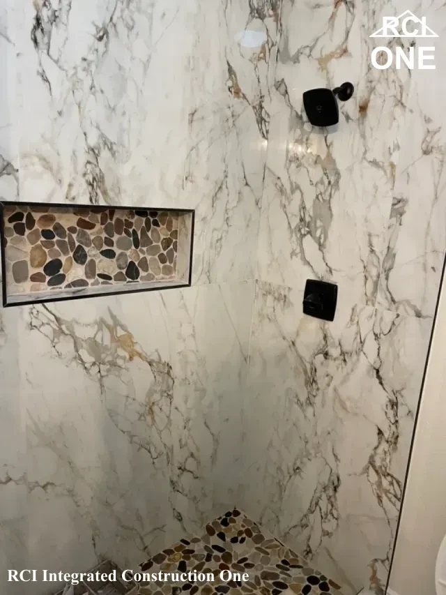 Modern Marble Shower with Pebble Floor